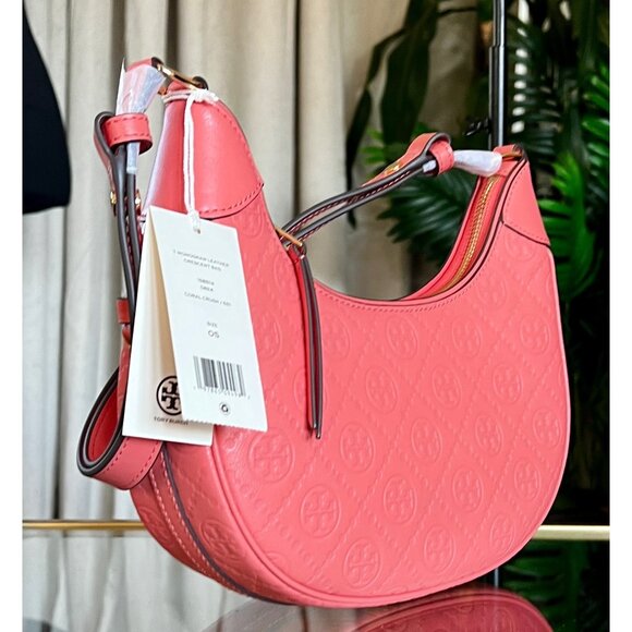 NEW!!!  AUTHENTIC TORY BURCH CORAL CRUSH MONOGRAM CRESENT HANDBAG - Picture 8 of 13